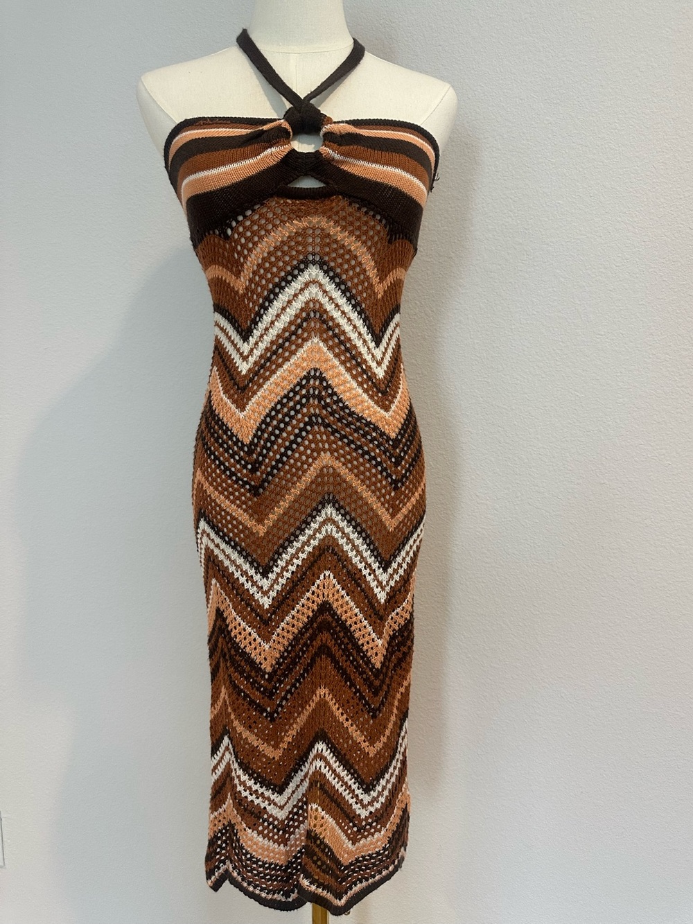 Almost Famous Brown Chevron Crochet Knit Halter Midi Dress Boho Y2K Festival S